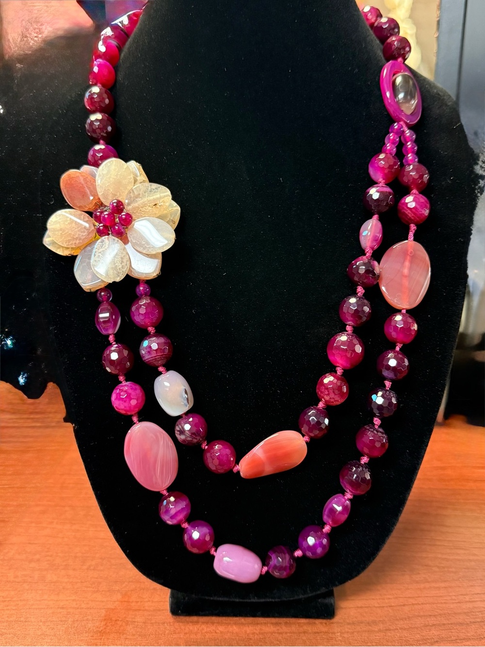 Stunning Amaranth Agate Handcrafted Pink Statement Necklace with Floral Accent